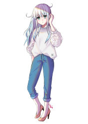 Rule 34 | 1girl, absurdres, blue eyes, blush, casual, closed mouth, denim, hair between eyes, hibiki (kancolle), highres, jeans, kantai collection, long hair, long sleeves, looking at viewer, pants, shirt, shoes, silver hair, simple background, solo, tsuchihara ai, white background