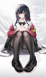 Rule 34 | 1girl, :q, ahoge, armband, azur lane, bag, black bag, black bow, black bowtie, black footwear, black hair, black pantyhose, black skirt, bow, bowtie, bra visible through clothes, breasts, button gap, character name, collared shirt, crossed bangs, dress shirt, foreshortening, full body, glasses, grey background, hair bow, hands on own knees, highres, huge ahoge, jacket, large breasts, loafers, long hair, looking at viewer, off shoulder, official alternate costume, pantyhose, pleated skirt, red bow, red eyes, red jacket, school bag, school uniform, shirt, shoes, sidelocks, sitting, skirt, smile, solo, stardust (chen&#039;ai weiding), taihou (azur lane), taihou (sweet time after school) (azur lane), thighband pantyhose, tongue, tongue out, very long hair, white shirt, yellow armband