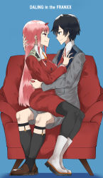 Rule 34 | 10s, 1boy, 1girl, black hair, black pantyhose, blue eyes, boots, breasts, brown footwear, commentary, couple, darling in the franxx, hand on another&#039;s chest, hand on another&#039;s head, highres, hiro (darling in the franxx), horns, hug, kaz (kaazzz0416), large breasts, long hair, looking at another, military, military uniform, necktie, oni horns, orange neckwear, pantyhose, pink hair, red eyes, red horns, red neckwear, shoes, short hair, sitting, sitting on lap, sitting on person, socks, uniform, white footwear, zero two (darling in the franxx)