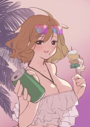 Rule 34 | 1girl, :d, absurdres, ahoge, anis (nikke), anis (sparkling summer) (nikke), bare shoulders, bikini, blush, breasts, brown eyes, brown hair, can, chami (charming621), cleavage, collarbone, eyewear on head, frilled bikini, frills, goddess of victory: nikke, highres, holding, holding can, holding skewer, jewelry, large breasts, looking at viewer, necklace, official alternate costume, open mouth, orange sky, pink-tinted eyewear, short hair, sketch, skewer, sky, smile, solo, string bikini, sunglasses, swimsuit, tinted eyewear, white bikini