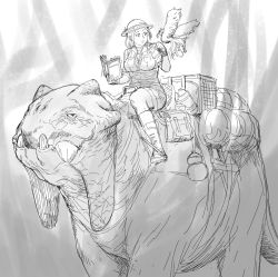 Rule 34 | 1girl, bird, book, boots, commentary, dragon, driving, english commentary, gloves, greyscale, hat, helmet, highres, holding, holding book, jacket, mole, mole under eye, monochrome, original, parted lips, pith helmet, riding, shorts, y naf