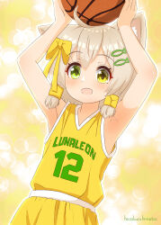 Rule 34 | 1girl, absurdres, ahoge, armpits, arms up, artist name, ball, bare shoulders, basketball, basketball (object), basketball uniform, blonde hair, blurry, blush, bokeh, bow, clothes writing, crop top, depth of field, dutch angle, female focus, fish hair ornament, flat chest, green eyes, hair bow, hair ornament, hairclip, happy, hazakura hinata, heterochromia, highres, holding, holding ball, looking at viewer, open mouth, original, outline, shirt, shirt tucked in, short hair, shorts, sidelocks, signature, sleeveless, sleeveless shirt, smile, solo, sportswear, standing, upper body, white outline, yellow background, yellow bow, yellow eyes, yellow shirt, yellow shorts
