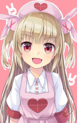 Rule 34 | &gt; &lt;, 1girl, :d, apron, armband, blouse, brown hair, center frills, collared shirt, commentary request, fang, frills, hair ornament, hat, heart, highres, long hair, looking at viewer, natori sana, nurse cap, open mouth, outline, pink apron, pink background, pink hat, puffy short sleeves, puffy sleeves, rabbit hair ornament, red eyes, sana channel, shirt, short sleeves, smile, solo, two side up, upper body, uumaru, very long hair, virtual youtuber, white outline, white shirt