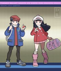 Rule 34 | 1boy, 1girl, :o, backpack, bag, black hair, blue coat, boots, closed mouth, coat, commentary, copyright name, creatures (company), dawn (pokemon), dreambig, duffel bag, eyelashes, floating hair, full body, game freak, grey eyes, grey footwear, hair ornament, hairclip, hand up, hat, highres, holding, holding poke ball, long hair, long sleeves, lucas (pokemon), nintendo, outline, over-kneehighs, pants, pink bag, pink footwear, poke ball, poke ball (basic), pokemon, pokemon bdsp, pokemon dppt, pokemon platinum, red coat, red headwear, red sweater, scarf, shoes, short hair, sidelocks, smile, standing, sweater, thighhighs, watermark, white bag, white headwear, white scarf, white thighhighs