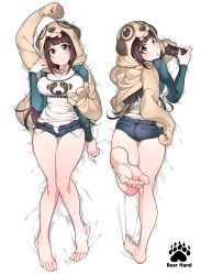 Rule 34 | 1girl, :&gt;, animal hood, ass, bare legs, barefoot, bed sheet, blunt bangs, breasts, brown hair, cleavage, clothes writing, controller, dakimakura (medium), dualshock, feet, female focus, full body, game controller, gamepad, green eyes, highres, hood, ireading, lanmei, large breasts, living clothes, long hair, long sleeves, looking at viewer, looking back, lying, multiple views, non-web source, open fly, original, panties, playstation controller, raglan sleeves, shiny skin, short shorts, shorts, soles, thigh gap, toes, twisted neck, unbuttoned, underwear, unzipped, white panties