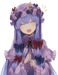 Rule 34 | 1girl, :d, ^ ^, blue bow, blush, bow, capelet, closed eyes, commentary request, crescent, crescent hair ornament, dress, facing viewer, falken (yutozin), frilled capelet, frilled sleeves, frills, hair between eyes, hair bow, hair ornament, hat, hat bow, highres, long hair, long sleeves, neck ribbon, open mouth, patchouli knowledge, purple capelet, purple dress, purple hair, purple ribbon, red bow, ribbon, simple background, smile, solo, touhou, upper body, white background
