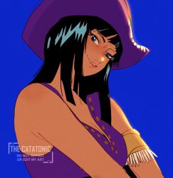Rule 34 | 1girl, armlet, black hair, blue background, blue eyes, blunt bangs, close-up, commentary, cowboy hat, hat, highres, looking at viewer, nico robin, nico robin (alabasta), one piece, purple hat, purple shirt, shirt, simple background, sleeveless, sleeveless shirt, smile, solo, thecatatonic