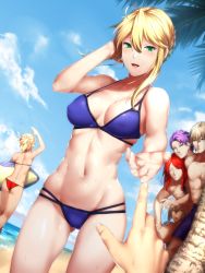 Rule 34 | 2girls, 4boys, ahoge, artoria pendragon (all), artoria pendragon (fate), artoria pendragon (lancer) (fate), ass, bedivere (fate), bikini, blonde hair, blue bikini, blue male swimwear, blue swim trunks, breasts, commentary request, covered erect nipples, day, fate/apocrypha, fate/grand order, fate (series), gawain (fate), green eyes, hair between eyes, hair bun, halterneck, hand on own thigh, highres, kageshio (276006), kneepits, knights of the round table (fate), lancelot (fate/grand order), long hair, lowleg, lowleg bikini, male swimwear, medium breasts, mordred (fate), mordred (fate) (all), mordred (fate/apocrypha), mordred (swimsuit rider) (fate), mordred (swimsuit rider) (first ascension) (fate), multi-strapped bikini bottom, multi-strapped bikini top, multiple boys, multiple girls, navel, open mouth, outdoors, palm tree, parted bangs, pointing, pointing at another, ponytail, pov, purple hair, reaching, reaching towards viewer, red bikini, red hair, saber (fate), short hair, single hair bun, skindentation, string bikini, sweat, swim trunks, swimsuit, tree, tristan (fate), wide hips