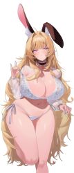Rule 34 | 1girl, ahoge, animal ears, bare shoulders, blonde hair, blush, bra, breasts, carrot necklace, choker, cleavage, frilled choker, frills, gluteal fold, grey eyes, hair between eyes, highres, huge breasts, jewelry, lace, lace-trimmed bra, lace trim, long hair, looking at viewer, navel, necklace, original, panties, parted lips, pointy ears, rabbit ears, rima (0136), see-through, see-through sleeves, side-tie panties, simple background, solo, standing, standing on one leg, strap pull, tagme, thigh gap, thighs, underwear, very long hair, white background