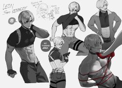 Rule 34 | 1boy, 1girl, abs, ashley graham, back tattoo, bandaged arm, bandages, belt, blood, blush, character name, choker, clothes lift, commentary, cropped shirt, emoji, english commentary, english text, fingerless gloves, full-face blush, gloves, greyscale, gun, high heels, highleg, highres, holding, holding gun, holding weapon, jacket, leon s. kennedy, lifted by self, long sleeves, male focus, male pubic hair, midriff, monochrome, multiple views, muscular, muscular male, nipples, nyantcha, open clothes, open fly, open jacket, open pants, pants, pectorals, pocket, pubic hair, resident evil, resident evil 4, shirt, shirt lift, shoes, short hair, short sleeves, smile, solo focus, spoken emoji, spot color, stomach, tattoo, topless male, weapon