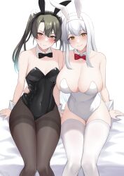 Rule 34 | 2girls, alternate costume, animal ears, arm around waist, asymmetrical bangs, bare shoulders, bed sheet, black bow, black bowtie, black leotard, black pantyhose, blush, bow, bowtie, breasts, brown eyes, cleavage, collarbone, commentary request, covered navel, dark green hair, detached collar, fake animal ears, frown, hair ribbon, highres, kantai collection, large breasts, leotard, long hair, looking at viewer, md5 mismatch, multiple girls, orange eyes, pantyhose, playboy bunny, rabbit ears, red bow, red bowtie, revision, ribbon, shoukaku (kancolle), sitting, size difference, small breasts, smile, straight hair, sweatdrop, takaman (gaffe), thighband pantyhose, thighhighs, twintails, white background, white hair, white leotard, white ribbon, white thighhighs, white wrist cuffs, wrist cuffs, zuikaku (kancolle)