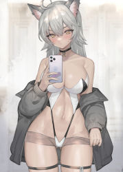 Rule 34 | 1girl, :/, ahoge, animal ear fluff, animal ears, bare shoulders, black choker, black jacket, blush, breasts, brown eyes, cellphone, choker, cleavage, closed mouth, clothing cutout, commentary, cowboy shot, ear piercing, gluteal fold, grey hair, hand up, highleg, highleg leotard, highres, hitowa, holding, holding phone, jacket, large breasts, leotard, long sleeves, looking at viewer, navel, off shoulder, open clothes, open jacket, original, phone, piercing, smartphone, solo, stomach, stomach cutout, strapless, strapless leotard, sweatdrop, symbol-only commentary, thigh strap, thighs, two-tone leotard, v-shaped eyebrows, white leotard