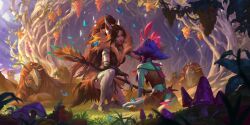Rule 34 | 2girls, animal, bare shoulders, barefoot, blue hair, breasts, brown hair, brown shirt, brown skirt, bug, butterfly, cloak, colored skin, day, fur-trimmed cloak, fur trim, green skin, highres, holding, holding polearm, holding weapon, insect, large breasts, league of legends, legends of runeterra, long hair, looking at another, multiple girls, mushroom, neeko (league of legends), nidalee, official art, outdoors, polearm, ponytail, shiny skin, shirt, skirt, tail, tree, weapon
