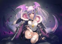 Rule 34 | 1girl, arknights, bat wings, chain necklace, hair ornament, hairclip, hood, hooded jacket, jacket, jewelry, looking at viewer, manticore (arknights), necklace, pointy ears, purple eyes, purple hair, ryuuzaki ichi, shorts, twintails, wings