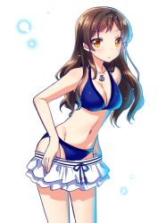 Rule 34 | 10s, 1girl, anchor, bikini, breasts, brown eyes, brown hair, cleavage, idolmaster, idolmaster million live!, jewelry, kitazawa shiho, long hair, navel, pendant, simple background, skirt, solo, swimsuit, touon, undressing