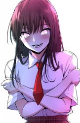 Rule 34 | 1girl, blush, brown hair, crossed arms, long hair, looking at viewer, open mouth, pink eyes, red skirt, school uniform, shirt, simple background, skirt, solo, very long hair, webtoon character na kang lim, white background, white shirt, yandere, yoo na-ri