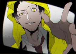 Rule 34 | 1boy, adachi tooru, black hair, black jacket, distortion, grin, hood, hood up, jacket, ko102k1, looking at viewer, male focus, necktie, outstretched arm, persona, persona 4, protected link, reaching, reaching towards viewer, red necktie, school uniform, shirt, short hair, smile, solo, spoilers, teeth, television, upper body, white shirt, yellow eyes, yellow raincoat
