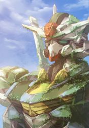 Rule 34 | absurdres, cloud, commentary, english commentary, green eyes, gundam, gundam aerial, gundam suisei no majo, highres, innoarukugyou, mecha, mobile suit, moss, no humans, overgrown, portrait, robot, science fiction, sky, solo, v-fin