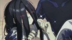 Rule 34 | 1girl, 1other, artist name, black hair, black nails, carrying, cioccolatodorima, closed mouth, covered eyes, hair blush, hair over eyes, highres, long bangs, meme, princess carry, solo focus, the ring, watching the ring video on this so when the girl comes out she breaks her neck (meme), watermark, yamamura sadako