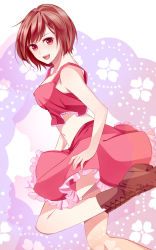 Rule 34 | 1girl, :d, bad id, bad pixiv id, bare shoulders, boots, crop top, meiko (vocaloid), midriff, navel, nouko (pixiv650865), nouko (rainstop), open mouth, red eyes, red hair, short hair, skirt, smile, solo, tank top, vocaloid