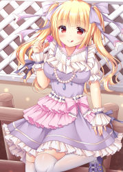 Rule 34 | 1girl, :q, blonde hair, blush, bow, breasts, candy, closed mouth, commentary request, dress, fence, food, frilled dress, frills, fujikura ryuune, hair bow, hand up, holding, holding candy, holding food, holding lollipop, lollipop, long hair, looking at viewer, medium breasts, original, puffy short sleeves, puffy sleeves, purple bow, purple dress, purple footwear, red eyes, shirt, shoes, short sleeves, sleeveless, sleeveless dress, smile, solo, standing, standing on one leg, thighhighs, tongue, tongue out, twintails, very long hair, white shirt, white thighhighs, wrist cuffs