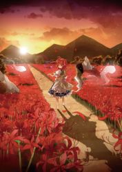 Rule 34 | 1girl, cloud, field, flower, flower field, ghost, light particles, looking at viewer, looking back, mountain, onozuka komachi, over shoulder, path, petals, puffy sleeves, red eyes, red hair, road, sash, scythe, shadow, shirt, short sleeves, skirt, sky, solo, spider lily, sunset, touhou, toutenkou, two side up