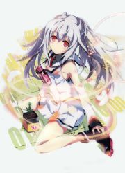 Rule 34 | 10s, 1girl, :o, absurdres, bare shoulders, bottle, detached sleeves, dress, flower pot, from above, grey hair, highres, isla (plastic memories), long hair, looking at viewer, looking up, necktie, official art, okiura, parted lips, plant, plastic memories, potted plant, red eyes, red necktie, school uniform, sitting, sleeveless, sleeveless dress, solo, wariza, water bottle, white dress