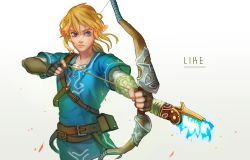 Rule 34 | 1boy, arrow (projectile), bad id, bad pixiv id, blonde hair, blue eyes, bow (weapon), dixon (yung96ok), drawing bow, holding bow (weapon), link, male focus, nintendo, pointy ears, solo, the legend of zelda, the legend of zelda: breath of the wild, tunic, weapon