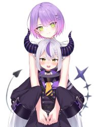 Rule 34 | 2girls, :d, absurdres, blush, commentary, demon horns, demon tail, fang, grey hair, highres, hololive, horns, hug, hug from behind, la+ darknesss, looking at viewer, multiple girls, open mouth, purple hair, sansai aru, simple background, size difference, skin fang, smile, swept bangs, tail, tokoyami towa, virtual youtuber, white background