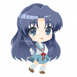 Rule 34 | 1girl, arms behind back, asakura ryouko, blue eyes, blue hair, blue sailor collar, blue skirt, brown footwear, chibi, commentary request, full body, holding, holding knife, holding weapon, kita high school uniform, kneehighs, knife, kuuma25 kuma, long hair, long sleeves, looking at viewer, no lineart, parted bangs, red ribbon, ribbon, sailor collar, school uniform, serafuku, shirt, shirt tucked in, shoes, simple background, skirt, smile, socks, solo, standing, suzumiya haruhi no yuuutsu, thick eyebrows, tongue, tongue out, twitter username, weapon, white background, white shirt, white socks