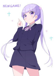 Rule 34 | 1girl, absurdres, blue dress, blush, breasts, collared shirt, commentary request, copyright name, cowboy shot, dress, flower, formal, hair flower, hair ornament, hand up, highres, long hair, looking at viewer, neck ribbon, new game!, pointing, pointing up, purple eyes, purple hair, ribbon, shirt, sidelocks, simple background, skirt, skirt suit, small breasts, smile, solo, suit, suzukaze aoba, takita (takita3411), twintails, very long hair, white background