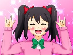 Rule 34 | 1girl, artist name, artist request, black hair, blush, bow, bowtie, breasts, cardigan, closed eyes, collared shirt, double m/, female focus, green bow, green bowtie, hair between eyes, hair bow, jacket, long hair, long sleeves, looking at viewer, love live!, love live! school idol project, nico nico nii, otonokizaka school uniform, parted lips, pink background, pink cardigan, pink jacket, pink shirt, red bow, school uniform, shirt, short hair, short twintails, small breasts, smile, solo, sparkle, striped bow, striped bowtie, striped clothes, twintails, upper body, yazawa nico