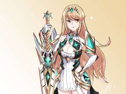 Rule 34 | 1girl, absurdres, bare shoulders, blonde hair, breasts, chest jewel, dress, gloves, highres, jewelry, large breasts, long hair, mia cbx, mythra (xenoblade), nintendo, short dress, smile, solo, swept bangs, tiara, white dress, white gloves, xenoblade chronicles (series), xenoblade chronicles 2, yellow eyes