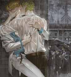 Rule 34 | 2boys, belt, black pants, blonde hair, blue shirt, blush, brown belt, cloud, collared shirt, couple, day, earrings, extra, green hair, jacket, jewelry, looking at another, male focus, multiple boys, one piece, open clothes, open jacket, outdoors, pants, rain, roronoa zoro, runa (nori31291404), sanji (one piece), see-through, shirt, short hair, sky, water drop, wet, wet clothes, wet shirt, white jacket, white pants, white shirt, yaoi