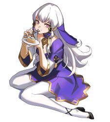 1girl bikini_boody commentary dress eating english_commentary fire_emblem fire_emblem:_three_houses food food_in_mouth food_on_face fork gold_trim highres holding holding_fork holding_plate long_hair lysithea_von_ordelia nintendo pantyhose pink_eyes plate purple_dress shoes simple_background sitting solo two-tone_dress veil white_dress white_hair white_pantyhose