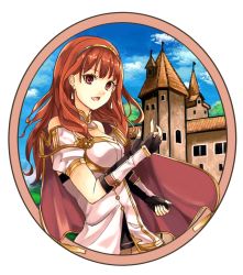 Rule 34 | 1girl, :d, black gloves, brown hair, cape, celica (fire emblem), earrings, elbow gloves, fingerless gloves, fire emblem, fire emblem echoes: shadows of valentia, fuussu (21-kazin), gloves, highres, jewelry, long hair, nintendo, open mouth, red cape, red eyes, short sleeves, smile, solo, very long hair