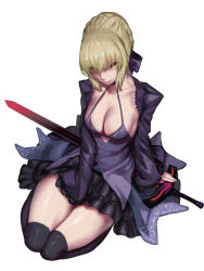 Rule 34 | 1girl, absurdres, artoria pendragon (all), artoria pendragon (fate), back cutout, black dress, black ribbon, black thighhighs, blonde hair, braid, breasts, cleavage, closed mouth, clothing cutout, collarbone, commentary, dress, excalibur morgan (fate), fate/grand order, fate (series), french braid, frilled sleeves, frills, full body, gothic lolita, hair bun, hair over eyes, hair ribbon, hand on hilt, highres, kumiko shiba, lolita fashion, long sleeves, looking at viewer, medium breasts, puffy long sleeves, puffy sleeves, ribbon, saber alter, short hair, sidelocks, simple background, single hair bun, sitting, sleeves past wrists, solo, sword, thighhighs, wariza, weapon, white background, yellow eyes
