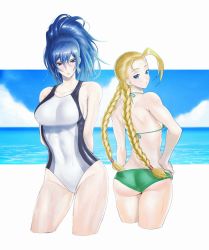 Rule 34 | 2girls, anagumasan, antenna hair, arms behind back, ass, back-to-back, bikini, blonde hair, blue eyes, blue hair, blush, braid, breasts, cammy white, capcom, collarbone, competition swimsuit, covered navel, cropped legs, crossover, facial scar, green bikini, high ponytail, highres, large breasts, leona heidern, long braid, looking back, multicolored clothes, multicolored swimsuit, multiple girls, ocean, one-piece swimsuit, scar, scar on cheek, scar on face, snk, spaghetti strap, street fighter, swimsuit, the king of fighters, toned, twin braids, wading, wet, wet hair