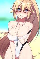 Rule 34 | 1girl, arm between breasts, bare shoulders, beach, bespectacled, black-framed eyewear, blonde hair, blue eyes, blush, breasts, cameltoe, commentary request, competition swimsuit, covered erect nipples, day, fate/grand order, fate (series), glasses, heart, heart-shaped pupils, highres, jeanne d&#039;arc (fate), jeanne d&#039;arc (ruler) (fate), jeanne d&#039;arc (swimsuit archer) (fate), jeanne d&#039;arc (swimsuit archer) (second ascension) (fate), large breasts, long hair, looking at viewer, ninomae suzume, ocean, off shoulder, one-piece swimsuit, ponytail, semi-rimless eyewear, solo, sweatdrop, swimsuit, symbol-shaped pupils, under-rim eyewear, very long hair, whistle, whistle around neck, white one-piece swimsuit