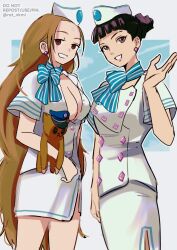 Rule 34 | 2girls, ace attorney, ace attorney investigations, black hair, breasts, brown eyes, brown hair, cammy meele, cleavage, earrings, flight attendant, hat, highres, holding, holding stuffed toy, jewelry, long hair, looking at viewer, multiple girls, open mouth, rat nkmi, rhoda teneiro, shirt, short hair, short sleeves, skirt, stuffed animal, stuffed toy, teddy bear, travel attendant, twitter username, very long hair, white headwear, white shirt, white skirt