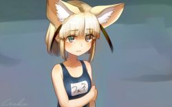 Rule 34 | 10s, 1girl, animal ears, bare shoulders, blonde hair, blunt bangs, brown eyes, collarbone, commentary request, extra ears, eyes visible through hair, fennec (kemono friends), fox ears, frown, kemono friends, name tag, one-piece swimsuit, short hair, signature, solo, swimsuit, upper body, welt (kinsei koutenkyoku)