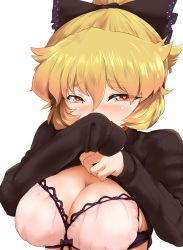 Rule 34 | 1girl, blonde hair, bow, bow bra, bra, breasts, byoin, clothes lift, covering own mouth, hair bow, heart, heart-shaped pupils, kurodani yamame, large breasts, lifted by self, orange eyes, pink bra, short hair, simple background, solo, sweater, sweater lift, symbol-shaped pupils, touhou, underwear, white background