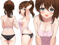 Rule 34 | 1girl, :d, absurdres, apron, armpits, arms behind head, ass, bare arms, bare shoulders, black panties, blue eyes, blush, breasts, brown hair, cleavage, closed mouth, collarbone, cowboy shot, dot nose, eyelashes, from behind, from side, hair between eyes, highres, idolmaster, idolmaster million live!, idolmaster million live! theater days, large breasts, leaning forward, long hair, looking at viewer, multiple views, nearly naked apron, open mouth, panties, pink apron, ponytail, satake minako, sidelocks, simple background, smile, teeth, twin burst, underwear, upper teeth only, waist ribbon, white background