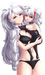 Rule 34 | 2girls, absurdres, age difference, artist name, azur lane, black bra, black panties, bra, breasts, brown eyes, carrying, cleavage, cowboy shot, cross, highres, iron cross, jacket, jacket on shoulders, large breasts, lingerie, little prinz eugen (azur lane), looking at viewer, mother and daughter, multicolored hair, multiple girls, musanix, panties, prinz eugen (azur lane), red hair, silver hair, simple background, streaked hair, thighhighs, underwear, white background