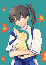 Rule 34 | 1girl, black hair, blue background, blue hakama, breasts, closed eyes, commentary request, creatures (company), crossover, cyndaquil, game freak, gen 2 pokemon, hair between eyes, hakama, highres, holding, japanese clothes, kaga (kancolle), kantai collection, large breasts, long hair, nintendo, pokemon, pokemon (creature), ponytail, samonasu17, side ponytail, simple background, tasuki, upper body, yellow eyes