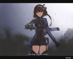 Rule 34 | 1girl, :o, artist name, black bodysuit, black gloves, black thighhighs, bodysuit, breasts, brown hair, damaged, english text, feet out of frame, girls&#039; frontline, gloves, hair ornament, hairband, highres, letterboxed, looking at viewer, mechanical arms, mechanical parts, medium breasts, medium hair, open mouth, prosthesis, red eyes, simple background, single mechanical arm, smoke, solo, standing, thighhighs, treeman, type 79 (girls&#039; frontline), white hairband