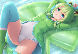 Rule 34 | 1girl, :o, animal costume, animal hood, arms behind head, blue eyes, blue thighhighs, blush, boots, breasts, frog costume, green footwear, green hair, green hoodie, hair between eyes, hood, hoodie, inflatable toy, knee up, lily pad, long hair, looking at viewer, no pants, one-piece swimsuit, open mouth, original, rain, raincoat, rubber boots, sasaame, short twintails, small breasts, solo, swimsuit, thighhighs, thighs, twintails, white one-piece swimsuit
