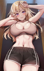 Rule 34 | 1girl, abs, arms up, blonde hair, blush, bra, breasts, cleavage, crop top, foxyreine, gym shorts, highres, indoors, large breasts, looking at viewer, lying, muscular, muscular female, navel, on back, original, purple eyes, shorts, smile, solo, sports bra, sportswear, tank top, underwear, yoga mat