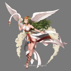 Rule 34 | 1girl, bare shoulders, bird, bracelet, center opening, company name, curly hair, feathered wings, full body, green hair, grey background, gyakushuu no fantasica, jewelry, long hair, millgua, nail polish, official art, sandals, simple background, smoke, solo, swan, wings, yellow eyes