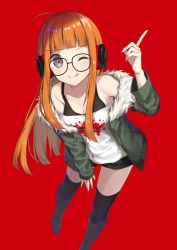 Rule 34 | 10s, 1girl, ;q, ahoge, bad id, bad pixiv id, black footwear, boots, breasts, cleavage, cross-laced footwear, glasses, headphones, highres, jacket, knee boots, lace-up boots, long hair, looking at viewer, one eye closed, orange hair, persona, persona 5, red background, sakura futaba, simple background, solo, tadaomi (amomom), thighhighs, tongue, tongue out